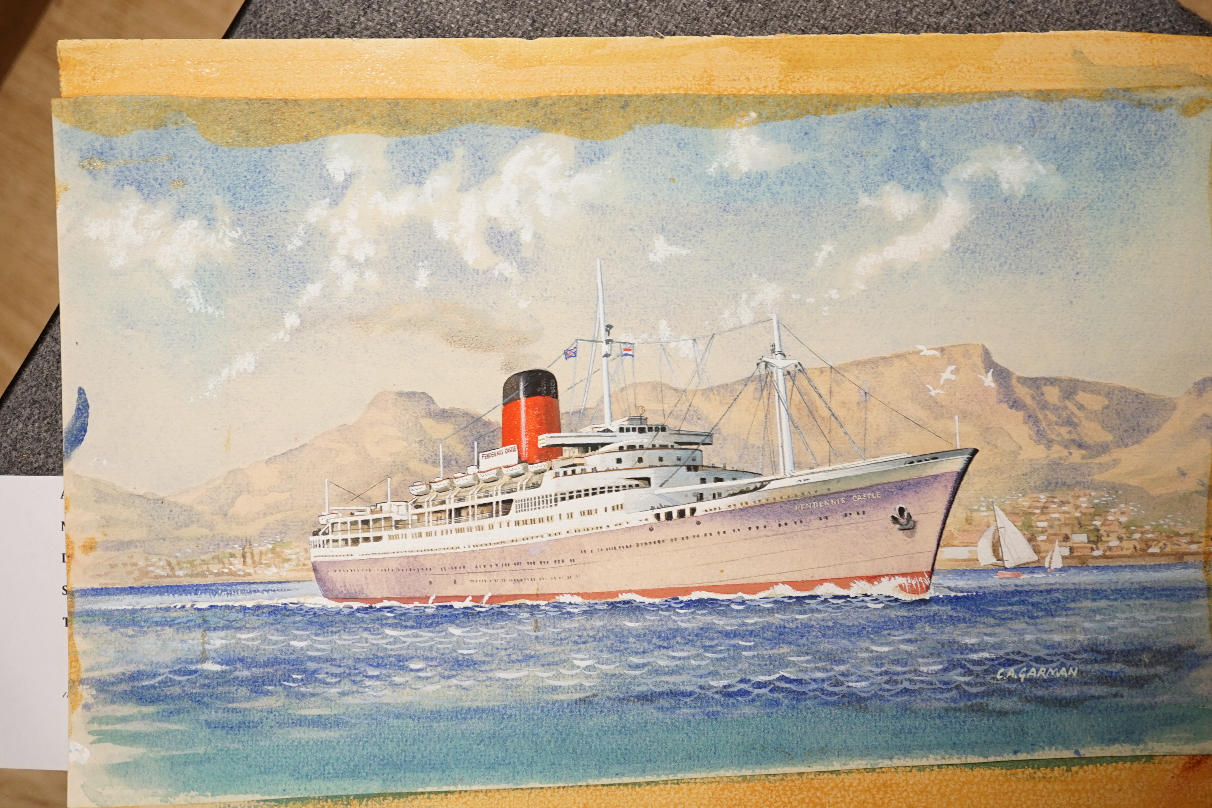 Cyril A Garman (20th. C), set of five original watercolours for postcard designs, ocean liners, ‘Pendennis Castle’, ‘Statendam’, ‘Empress of Britain’, ‘Amazon’ and ‘Rotterdam’, each signed, unframed, largest 24 x 35cm. C